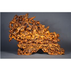 Chinese Wood Carved Boulder Eight Daoist Immortals