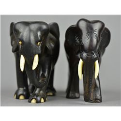Pair Chinese Carved Zitan Elephants with Ivory