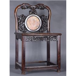 Chinese Rosewood Carved Chair w/ Marble Inset