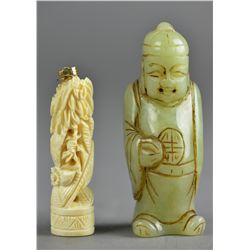 Chinese Carved Jade Figure & Ivory Pendant
