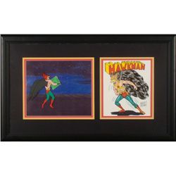 Hawkman Orig Animation Production Cel & 2 Drawings Frmd