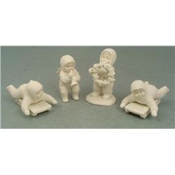 4 Snow Babies Figurines Sledding Wreath Trumpet Wings