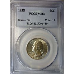 1938 WASHINGTON QUARTER PCGS MS65 GEM EST. $190-$205