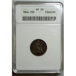 1844 SEATED LIBERTY DIME ANACS VF-20