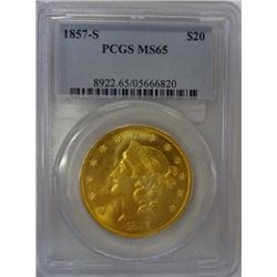 1857-S $20.00 LIBERTY GOLD TYPE 1 PCGS MS65 SUPER GEM, SUPER LUSTRE