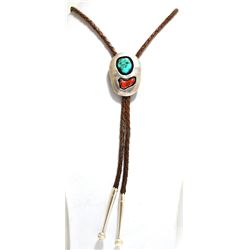 Old Pawn Coral & Turquoise Sterling Silver Bolo Tie