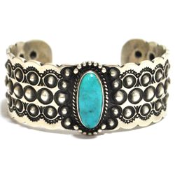 Old Pawn Navajo Candelaria Turquoise Sterling Silver Cuff Bracelet - Herman Smith