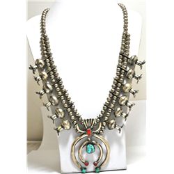 Old Pawn Coral & Turquoise Sterling Silver Heavy Squash Blossom Necklace