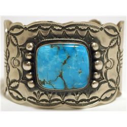 Old Pawn Navajo Kingman Turquoise Sterling Silver Cuff Bracelet - Wallace Yazzie, Jr.