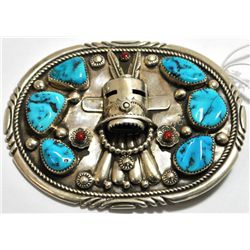 Old Pawn Coral & Turquoise Kachina Sterling Silver Buckle - TN