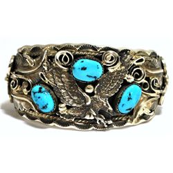 Old Pawn Turquoise Flying Eagle Sterling Silver Cuff Bracelet - Allen Chee