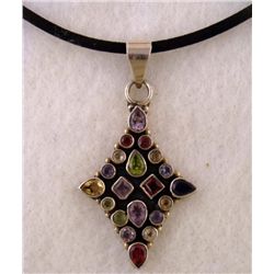 MULTI STONE STERLING PENDANT DIAMOND SHAPE ON NECKLACE