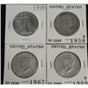 4 Silver US Half Dollar 1939, 1958-D, 1967, 1969-D