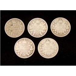 5 Diff Date Early Canadian Silver Dimes 5 Cents