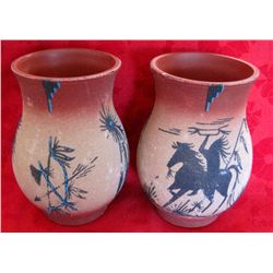 Pair of Signed Navajo Indian Sand Painted Vases