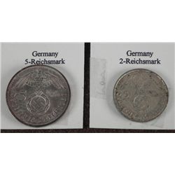 2 NAZI SILVER COINS-2 & 5 REICHSMARKS-1936 & 38 NICE