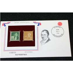 22K Gold Replica Stamp W/Postal Stamp Issued 1940; Eli Whitney-Great Americans