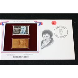 22K Gold Replica Stamp W/Postal Stamp Issued 1965; Robert Fulton-Great Americans