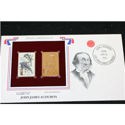 22K Gold Replica Stamp W/Postal Stamp Issued 1963; John James Audubon-Great Americans