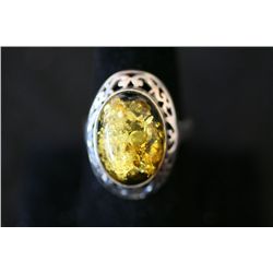 Sterling Silver Ring Size 10 W/Oval Shaped Yellow Marbled Gemstone; .925 Silver