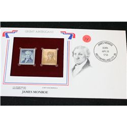 22K Gold Replica Stamp W/Postal Stamp Issued 1954; James Monroe-Great Americans