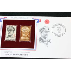 22K Gold Replica Stamp W/Postal Stamp Issued 1971; Douglas Macarthur-Great Americans