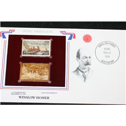 22K Gold Replica Stamp W/Postal Stamp Issued 1962; Winslow Homer-Great Americans