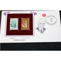 22K Gold Replica Stamp W/Postal Stamp Issued 1963; Cordell Hull-Great Americans