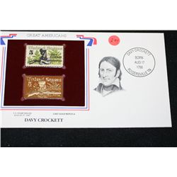 22K Gold Replica Stamp W/Postal Stamp Issued 1967; Davey Crockett-Great Americans