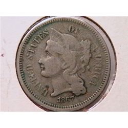 1867 Three Cent Nickel VG8