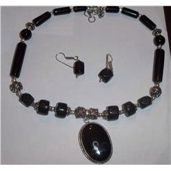 CUSTOM MADE STERLING SILVER ONYX NECKLACE WITH EARRINGS