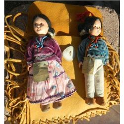 Two Navajo Dolls with Deer hide Bag