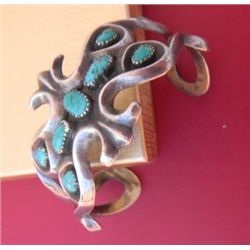 Native American Old Pawn Sandcast Sterling and Turquoise Bracelet