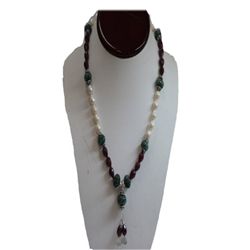 Natural 285.25ct Emerald,Ruby,Pearl Necklace .925 Sterl