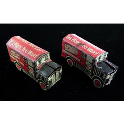 2 Vintage Cracker Jack Prizes Tin Litho Delivery Trucks