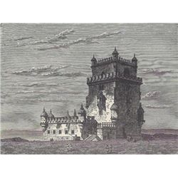 ORIGINAL Antique PRINT scene-FEUDAL CASTLE OF BELEM P