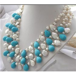 MWF980 Three row white rice & coin pearl drip turquoise