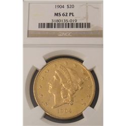 1904 Gold $20 Liberty Coin NGC MS 62 PL