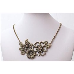 Vintage Style Floral Bronze and Crystal Necklace