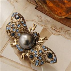 Vintage Style Bronze Crystal and Black Pearl Brooch