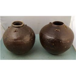 Pair of Old Rustic Pottery Urns Vases Brown