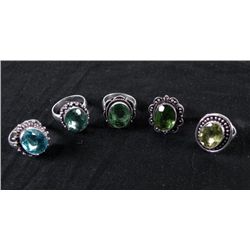 5 Sterling Rings, Blue Topaz, Green Peridot