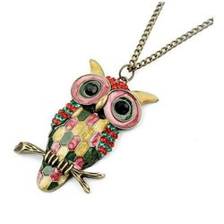 Retro Mulitcolor Enameled and Crystal Owl Pendant