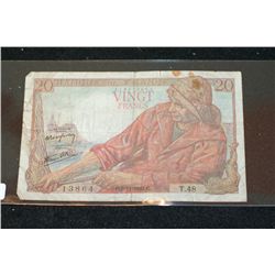 1942 France Vingt (20) Francs Foreign Bank Note