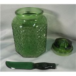 Green Glass Knife & Canister w/Lid