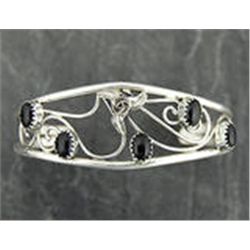 Artist Created - Navajo Caroline Nez Sterling Silver Onyx Leaf Bracelet