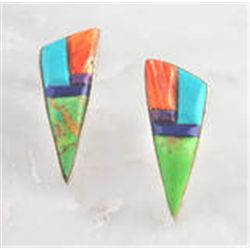 Genuine Sterling Silver Multi Color Inlay Post Earrings