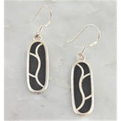 Genuine Sterling Silver Onyx Oval Inlay Dangle Earrings