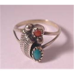 NAVAJO  STERLING SILVER  RED CORAL & GREEN TURQUOISE STONE RING  sz 5 VTG 50'S