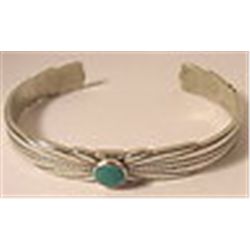 SILVER HEAVY CUFF BRACELET  GREEN CULTURED TURQUOISE STONE   VINTAGE 1960?S